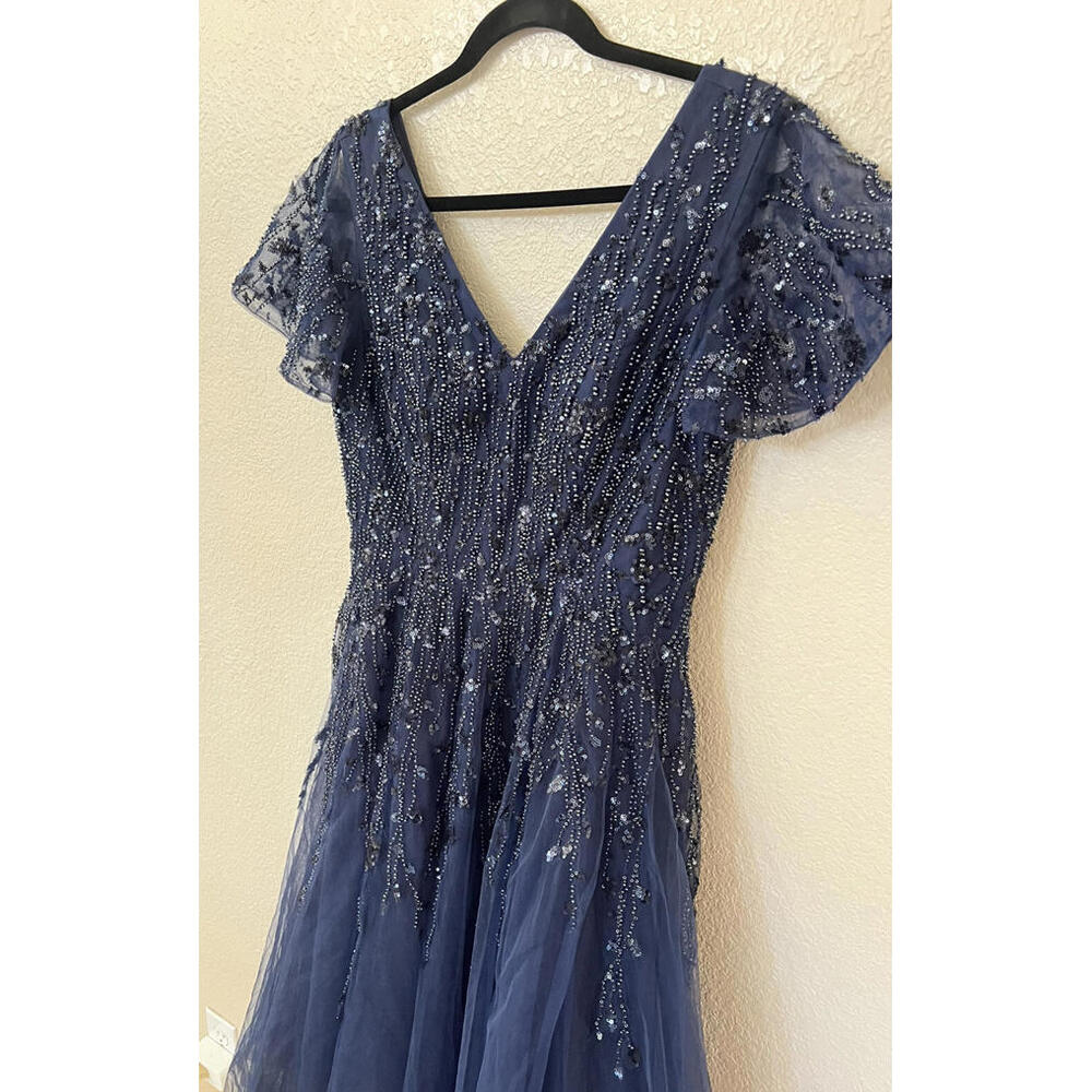 New Mac Duggal EMBELLISHED FLUTTER SLEEVE TEA-LENGTH DRESS In Midnight Sz 6 $598 - Picture 5 of 9